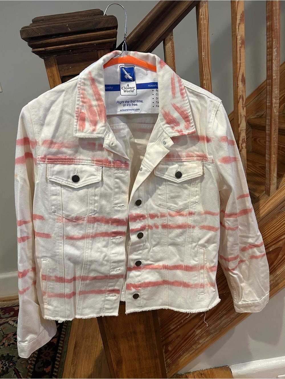 Kids' White Denim Jacket with Pink Tie-Dye Stripes
